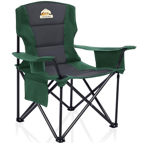 Colegence Oversized Folding Camping Chairs - 450 LBS Support Heavy Duty Camp Chair with Padded Cushion, Portable Outside Chairs with Carry Bag，Cooler, Cup Holder for Outdoor, Lawn, Sports - Green - color: Green, style: Single Pack