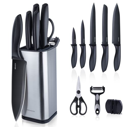 RAXCO Knife Set,10-Piece Stainless Steel Kitchen Knife Set with Block,Black | Compact Small Countertop Holder,Pro-Sharpened Stainless Steel Chef Knives, Space Saving Knife Set for RV & Apartment - color: BK