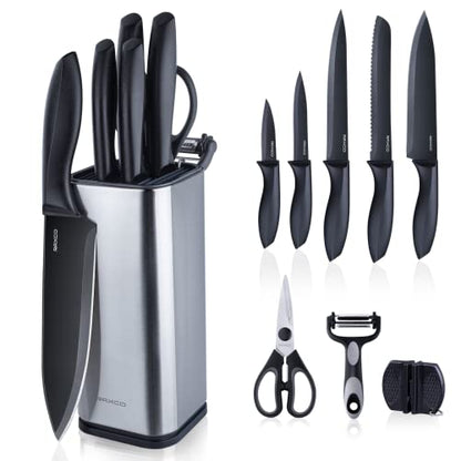 RAXCO Knife Set,10-Piece Stainless Steel Kitchen Knife Set with Block,Black | Compact Small Countertop Holder,Pro-Sharpened Stainless Steel Chef Knives, Space Saving Knife Set for RV & Apartment - color: BK