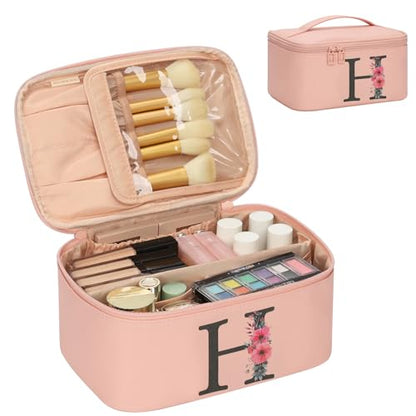 OCHEAL Initial Makeup Bag,Monogram Make up Bag Pink Travel Makeup Organizer Case Beauty Toiletry Cosmetic Bag with Brush Holder, Trendy Stuff Personalized Gifts for Women and Girls-H - color: Pink, style: H