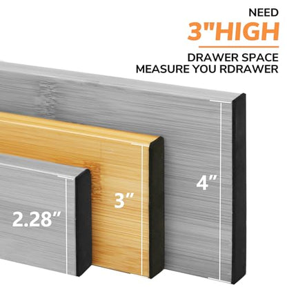 BAMEOS Bamboo Expandable Drawer Dividers – Fits 13.3"–19" Drawers, 3" Deep Walls, Set of 4 | Spring-Loaded Separator for Deep Kitchen & Bathroom Drawers, Prevents Items Falling Over - size: 3''H, 13.3''-19''L