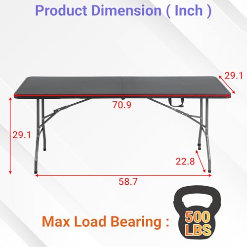 FDW 6FT Folding Table, Portable Fold-in-Half Plastic Picnic Party Table with Carrying Handle （Black, 6FT） - color: Black, size: 6 FT 70"x29"