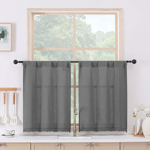 Chyhomenyc Lace Kitchen Curtains 30 Inch Length - Light Filtering Faux Linen Small Half Window Curtains Over Sink, Vintage Farmhouse Curtain Tiers for Bathroom Basement, 26Wx30L, 2 Pieces, Dark Grey - color: Dark Grey, size: 26"W x 30"L (Pack of 2)