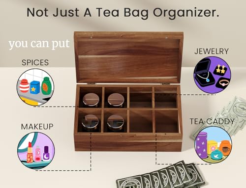 Acacia Wood Tea Bag Organizers, Tea and Sugar Packet Storage Chest with Lid, Wooden Teabag Holder Containers,Tea Box with 8 Compartments - size: Eight grids