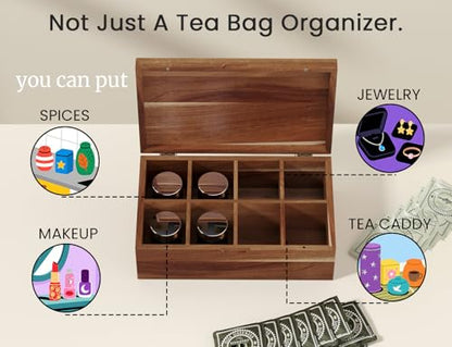 Acacia Wood Tea Bag Organizers, Tea and Sugar Packet Storage Chest with Lid, Wooden Teabag Holder Containers,Tea Box with 8 Compartments - size: Eight grids