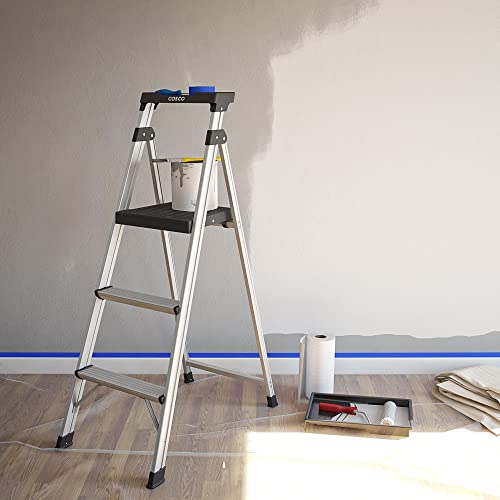 Cosco 3-Step Lightweight Aluminum Folding Step Ladder with Non-Marring Leg Tips, Slip-Resistant Platform, ANSI Rated 225 lbs, Home Furniture and Furnishings - style: 3 Step