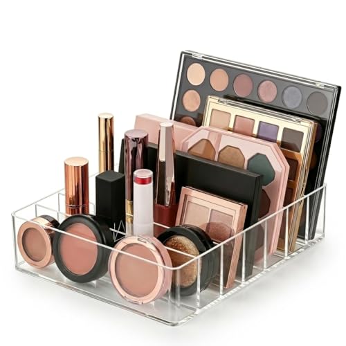 i-laesh 7-Slot Acrylic Makeup Palette Organizer - Clear Makeup Organizer 0.98" Wide Slots, Eyeshadow Holder for Vanity Drawer, Fits Thick Palettes, Blushes, CDs, Anime Badges & Craft Paints