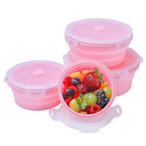 Collapsible Food Storage Containers Set, 4 Pack Round Silicone Collapsible Bowls with Lids, Silicone Lunch Container, Foldable Food Bowl for Kitchen & Camping Containers 4 Sizes - color: Round_Pink_4 Size