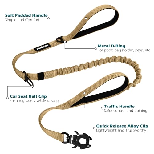 PetBonus Heavy Duty Tactical Dog Leash, 5 FT Bungee Shock Absorption Leash with 2 Padded Handles, Quick Release Metal Clip, Car Seatbelt, No Pull Training Lead for Large Medium Dogs（Khaki） - color: Khaki
