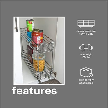 Household Essentials Glidez 2‑Tier Multipurpose Chrome‑Plated Steel Pull‑Out/Slide‑Out Under Cabinet Organizer, Chrome Finish - size: 7" - Extended, style: 2-Tier
