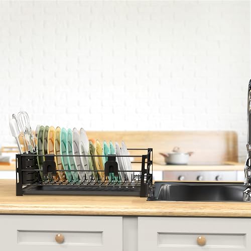 Simple Houseware Dish Drying Rack with Drainboard, Utensil Holder & Mug Hooks, Black Metal Kitchen Counter Organizer - color: Black