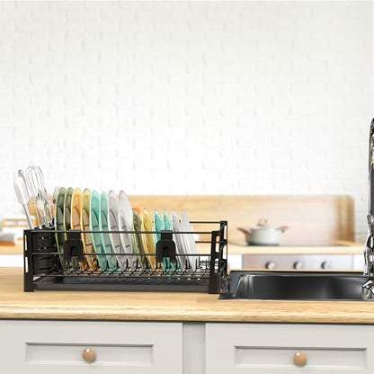 Simple Houseware Dish Drying Rack with Drainboard, Utensil Holder & Mug Hooks, Black Metal Kitchen Counter Organizer - color: Black