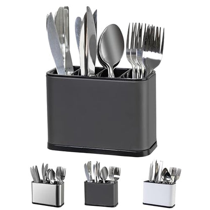 LIBODOUR Utensil Holder,Stainless Steel Caddy Counter,Spoon holder,4 Compartments Silverware Caddy,Capacity Flatware Spoon Fork Tool Cutlery Holder(Grey) - color: grey
