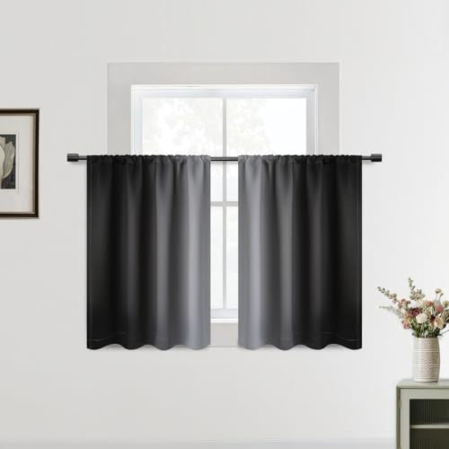 SimpleHome Black Small Kitchen Window Curtains Over Sink - Rod Pocket Thermal Insulated Window Half Short Curtains for Cafe/RV Camper/Bathroom, 2 Panels, 42x36 inches Length - color: Black, size: 42"W x 36"L (Pack of 2)