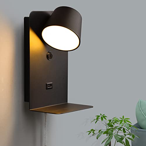 COSYLUX Modern LED Wall Sconce with Shelf, 2in1 Design Plug in & Hardwired Reading Wall Lamp for Bedroom Bedside, 6W,450lm,2700K Rotatable Wall Light Fixtures with USB Charging Port, Small Black - color: Black, size: Small