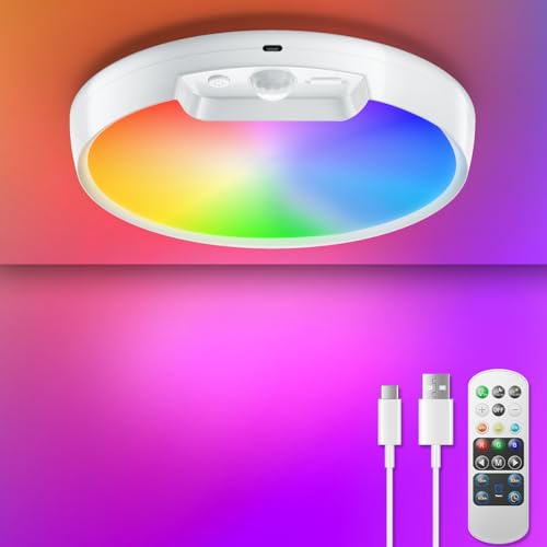 Homelist Rechargeable RGB Shower Light with Remote, Wireless Battery Operated Motion Sensor Ceiling Light with 10 Colors Changing, for Basement, Pantry, Cabinet, Hallway (1 Pack) - color: RGB - 10 Colors, size: 1 Pack