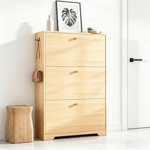 Nicetree Shoe Cabinet with 3 Flip Drawers，Freestanding Shoe Storage Cabinet, Narrow Shoe Organizer Cabinet, Farmhouse Slim Shoe Rack Cabinet for Entryway,Natural Oak with Hook - color: Natural Oak, style: 3-Drawers with Hook