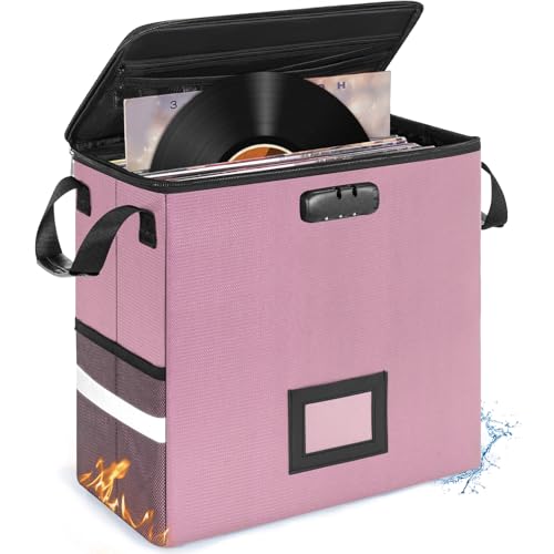 IBVIVIC Fireproof Vinyl Record Storage Box, Record Storage Organizer with Lock Fireproof Record Case for 50+ 7/10/12 Inch Single Vinyl Records Large Capacity File Storage Organizer, Pink - color: Pink