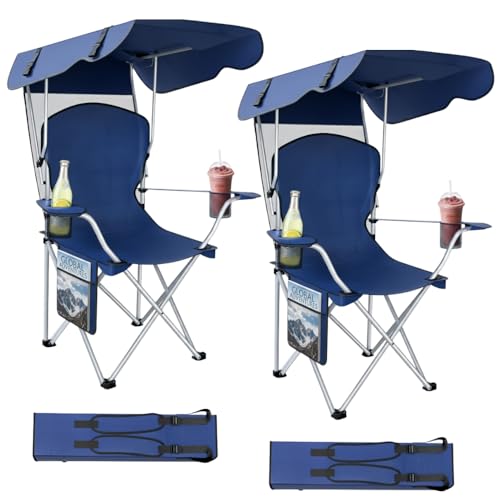 Portable Folding Camping Chairs with Canopy Shade, Beach Chair for Adults, Durable Weather Resistant 600D Oxford Cloth, Camping Chair with Canopy for Outdoors [Navy-2 Pack] - color: Upgraded -Navy Blue (2-pack)
