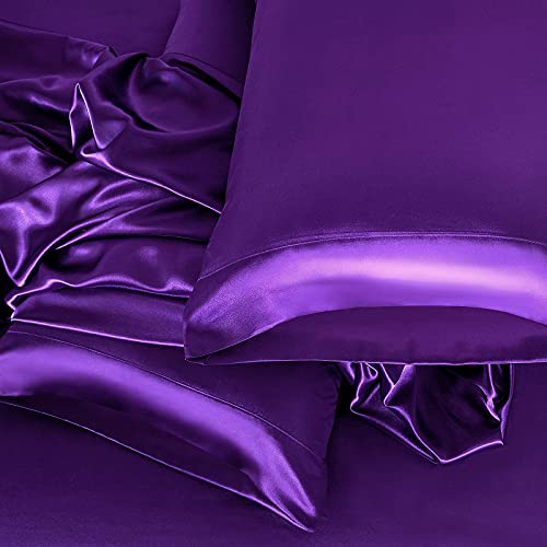 Homiest 3pcs Satin Sheets Set Luxury Silky Satin Bedding Set with Deep Pocket, 1 Fitted Sheet + 1 Flat Sheet + 1 Pillowcase (Twin Size, Purple) - color: Purple, size: Deep pocket - Twin size