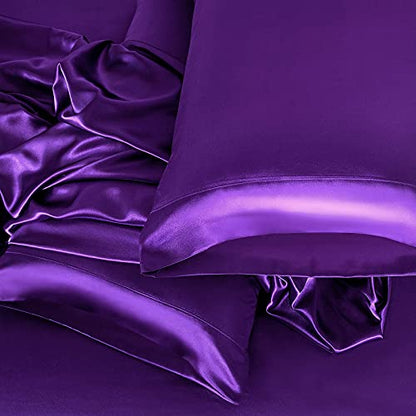 Homiest 3pcs Satin Sheets Set Luxury Silky Satin Bedding Set with Deep Pocket, 1 Fitted Sheet + 1 Flat Sheet + 1 Pillowcase (Twin Size, Purple) - color: Purple, size: Deep pocket - Twin size