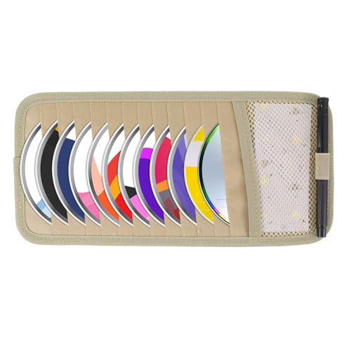 Trinkrittey CD Visor Holder for Car, Vehicle Sun Visor Organizer Large Capacity CD Holder with 12 DVD Storage Sleeves 1 Mesh Pocket 1 Pen Holders and Elastic Strap - color: Khaki