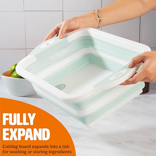 Tasty Multifunctional Cutlery Set, Includes Cutting Board with Built-In 7.5-Quart Collapsible Tub, Utility and Paring Knives, Space Saving Design, 3-Piece Set, Dishwasher Safe