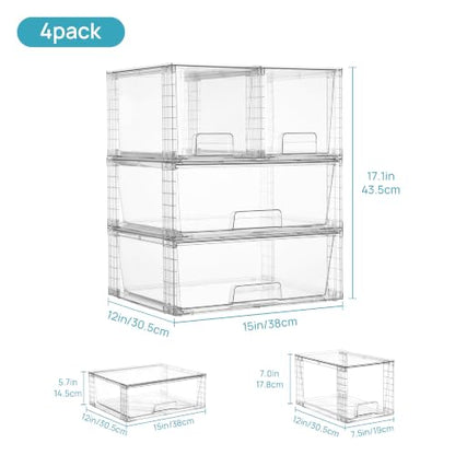 Vtopmart 4 Pack Stackable Storage Drawers, Easily Assemble Clear Plastic Organizer Bins, 2 Wide Drawers and 2 Medium Drawers for Pantry, Kitchen Cabinet, Bathroom, Closet Organization and Storage - style: 2 Wide+2 Medium