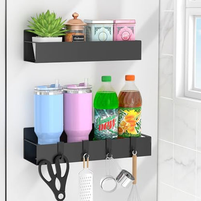 Magnetic Spice Rack for Refrigerator with Hooks, Magnetic Fridge Storage Organizer for Water Bottle, Magnetic Stanley Cup Holder for Kitchen, Black, 2 Pack