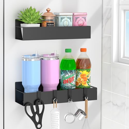 Magnetic Spice Rack for Refrigerator with Hooks, Magnetic Fridge Storage Organizer for Water Bottle, Magnetic Stanley Cup Holder for Kitchen, Black, 2 Pack