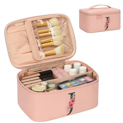 OCHEAL Initial Makeup Bag,Monogram Make up Bag Pink Travel Makeup Organizer Case Beauty Toiletry Cosmetic Bag with Brush Holder, Trendy Stuff Personalized Gifts for Women and Girls-J - color: Pink, style: J