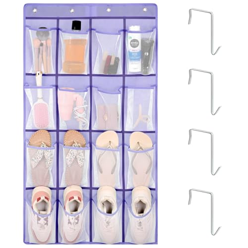 F-color 16-Pocket Hanging Organizer - Over the Door Shoe Organizer, Cruise Essentials for Cabin & RV, Breathable Mesh Storage Pockets, Space Saving Hanging Storage Holder with 4 Sturdy Metal Hooks - color: Purple (M), size: M - 16 Pockets/4 Hooks