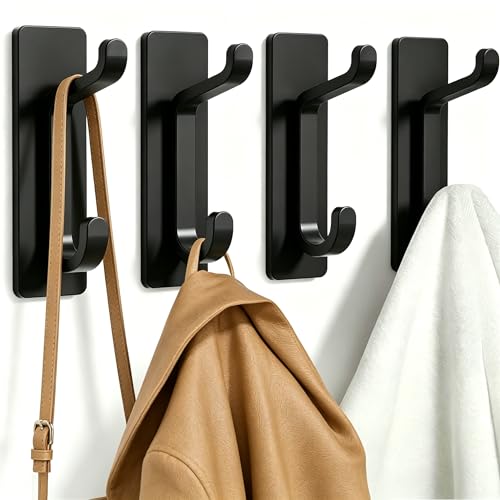 Self Adhesive Wall Hooks for Hanging: Extra Strong 13 LB, Hook for Coat, Towel in Bathrooms, Shower, Kitchen, Wall, Door Hook, Black 4 Pack - color: Black, size: 4 Pack