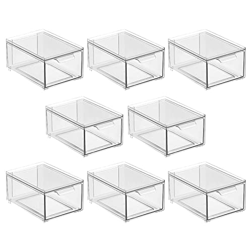 mDesign Plastic Bathroom Organizer Bin w/Pull Out Drawer - Slim Stackable Storage Container for Bathroom Accessories - Perfect for Organizing Bathroom Cabinet - Lumiere Collection - 8 Pack - Clear - size: 8 x 6 x 4 (Pack of 8)