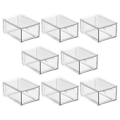 mDesign Plastic Bathroom Organizer Bin w/Pull Out Drawer - Slim Stackable Storage Container for Bathroom Accessories - Perfect for Organizing Bathroom Cabinet - Lumiere Collection - 8 Pack - Clear - size: 8 x 6 x 4 (Pack of 8)