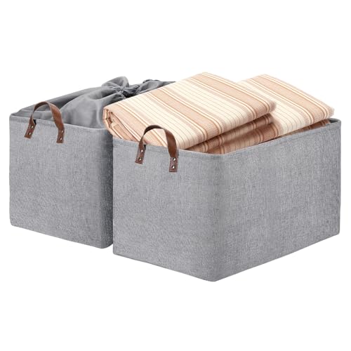 DULLEMELO Large Grey Storage Baskets 70L Oversized Dog Toy Bin Basket, Collapsible 22" X 15" X 13" Extra Large Fabric Baskets for Storage Clothes, Toys, Blankets Organizers (Grey) - color: Grey-Leather Handles, size: Upgrated/2P-22"x15"x13"