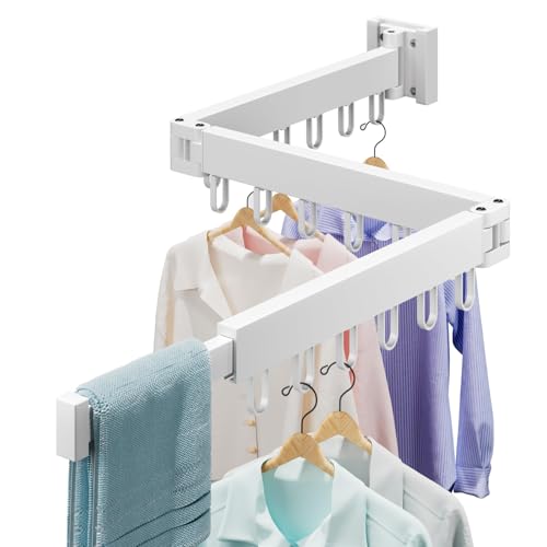 Abiglifty Clothes Drying Rack Wall Mounted, Laundry Drying Rack Collapsible, Foldable & Retractablewith 18 Hooks for Indoor/Outdoor Use inLaundry Room, Bathroom & Balcony (White) - color: White