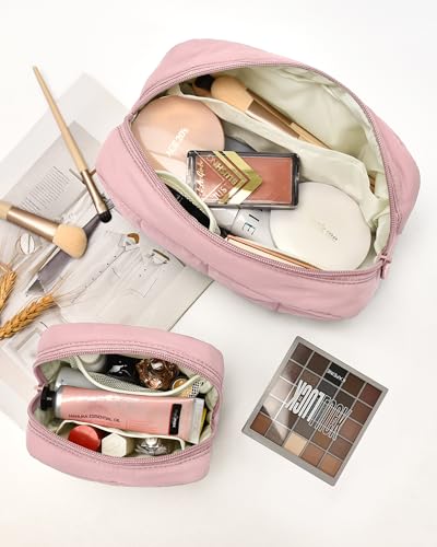 oscaurt 2 Pcs Makeup Bag Travel Toiletry Bag for Women Puffy Padded Cosmetic Pouch Purse Wide-open Makeup Organizer Case Travel Essentials - color: Deep Pink-Set