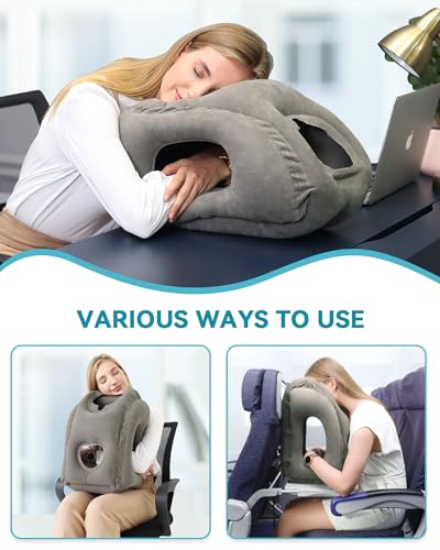Inflatable Travel Pillow, Airplane Neck Pillow Comfortably Supports Head and Chin for Airplanes, Trains, Cars Office Napping on The Tray Table (Grey) - color: Grey(standard)
