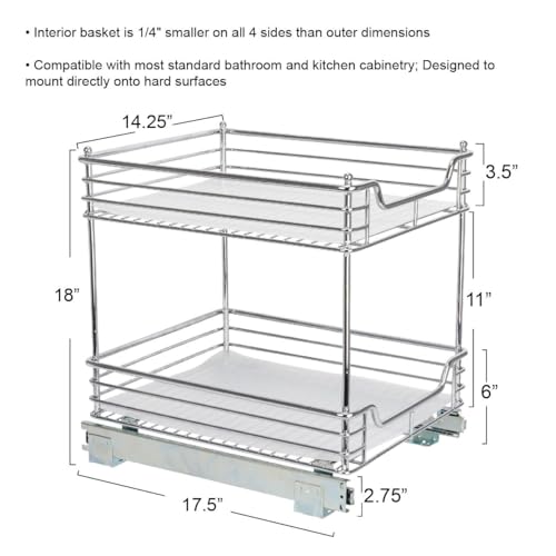 Household Essentials Glidez Chrome-Plated Steel Pull-Out/Slide-Out Storage Organizer with Plastic Liners for Under Cabinet Use - 2-Tier Design - Fits Standard Size Cabinet or Shelf, Chrome - size: 14.5" - Standard, style: 2-Tier