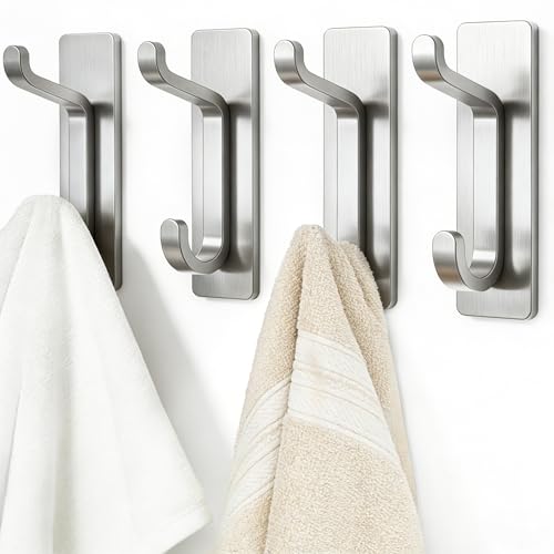 Self Adhesive Wall Hooks for Hanging: Extra Strong 13 LB, Hook for Coat, Towel in Bathrooms, Shower, Kitchen, Wall, Door Hook, Nickel Silver 4 Pack - color: Nickel Silver, size: 4 Pack