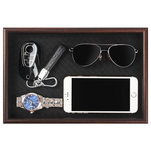 Wooden Valet Tray with Leather Base - Nightstand Catchall Organizer for Cologne, Perfume, Keys, Wallet, Phone, Watch, Jewelry & Sunglasses (Black) - color: Black