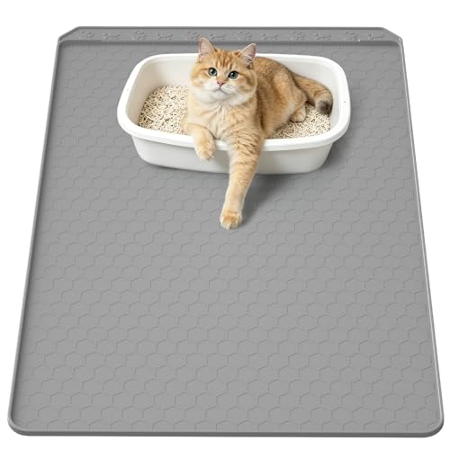 Silicone Cat Litter Mat, 34"x22" Large Waterproof Litter Box Mat with Honeycomb Wave Pattern, Non-Slip Easy Clean Litter Trapping Mat for Cat Litter Box Area Floor Protection (Gray)