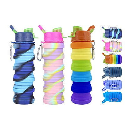 Collapsible Water Bottles 3 Pack Expandable Water Bottle 500ml for Travel Camping. (Colorful) - color: Colorful
