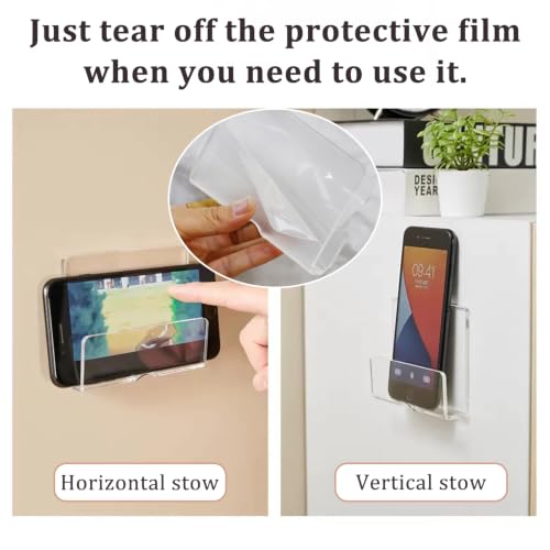 MIUPOO Clear Wall Mounted Phone Holder,Acrylic Phone Stand Self Adhesive with Charging Hole,Smartphone Cradle Bedside Organizer Remote Control Stand for RV Charging,2 Pieces. (2, Clear)