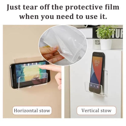 MIUPOO Clear Wall Mounted Phone Holder,Acrylic Phone Stand Self Adhesive with Charging Hole,Smartphone Cradle Bedside Organizer Remote Control Stand for RV Charging,2 Pieces. (2, Clear)