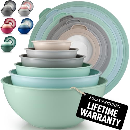Zulay Kitchen 12 Piece Plastic Nesting Mixing Bowl Set - Colorful Bowls with Lids - Microwave and Freezer Safe (Mint Ombre) - color: Mint