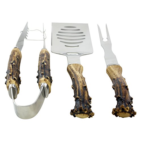 Pine Ridge Antler Handle Grilling Set for BBQ Outdoors Style Cooking and Grill, 3 Piece