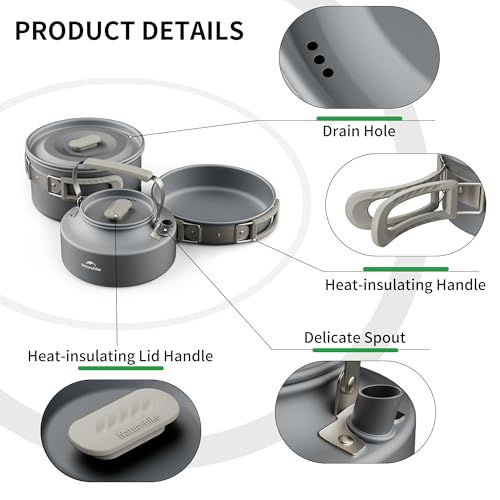 Naturehike Camping Cookware Set Mess Kit for Backpacking Gear, Camp Cooking Set, Camping Pots and Pans Set for Outdoor Backpacking Camping Hiking Picnic - color: 1.7L pot+7'' frying pan+0.8L kettle