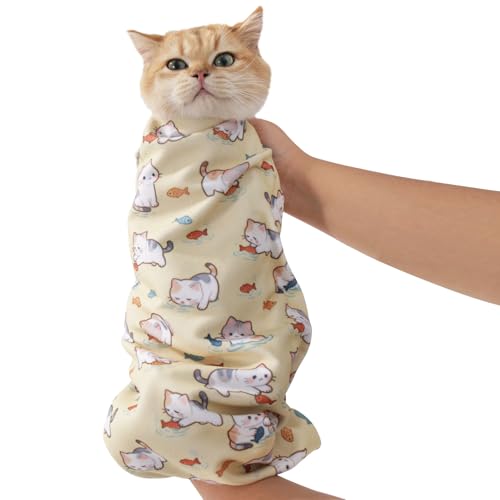 25.6" Cat Grooming Wrap,cat wrap for Cutting Nails,Self-Adhesive cat Swaddle wrap cat Restraint cat wrap Blanket for Medicine, Nail Clipping, Teeth Brushing,Yellow Kitten(Within 10lbs) - color: Yellow kitten, size: L-25.6in